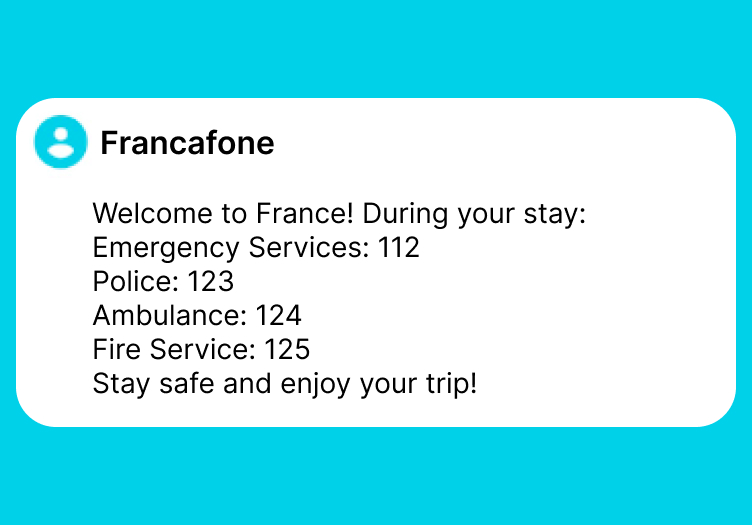 SMS from Francafone. The message says Welcome to France! During your stay: Emergency Services: 112 Police: 123 Ambulance: 124 Fire Service: 125 Stay safe and enjoy your trip! 