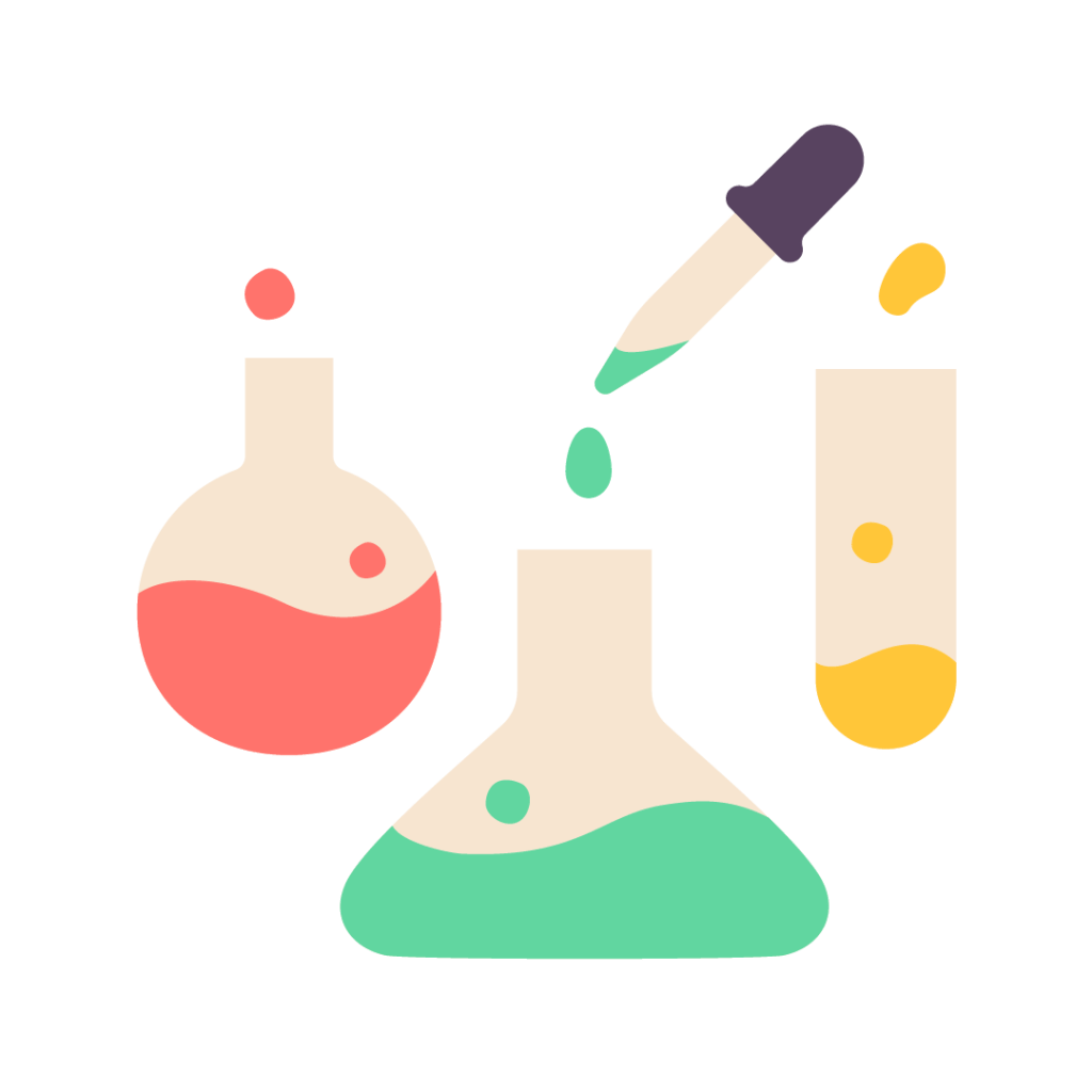 Three laboratory beakers with liquids inside. They are placed in a line. A pipette is dropping liquid into one of them.
