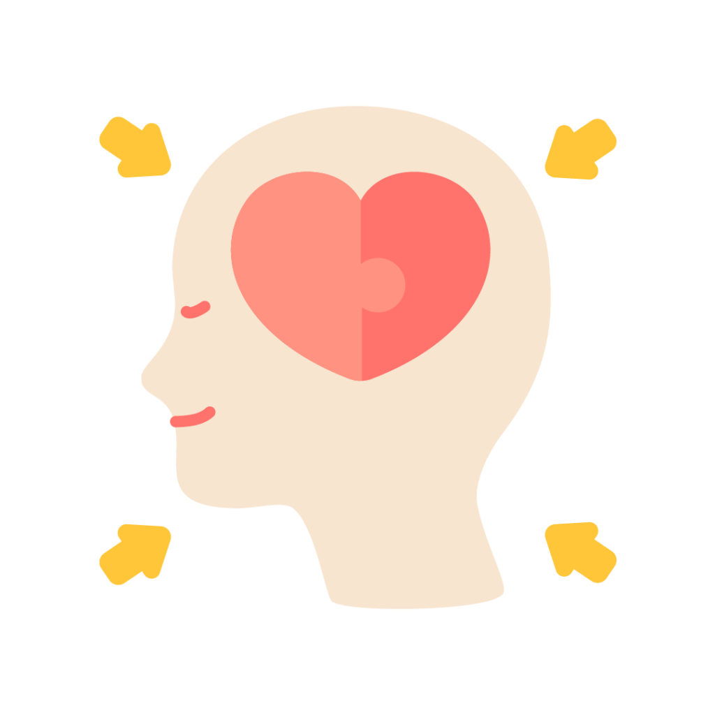 A side profile of a person. They are smiling. Their brain is a heart that is made of two puzzle pieces stuck together. There are four arrows pointing at their head from differnt directions.