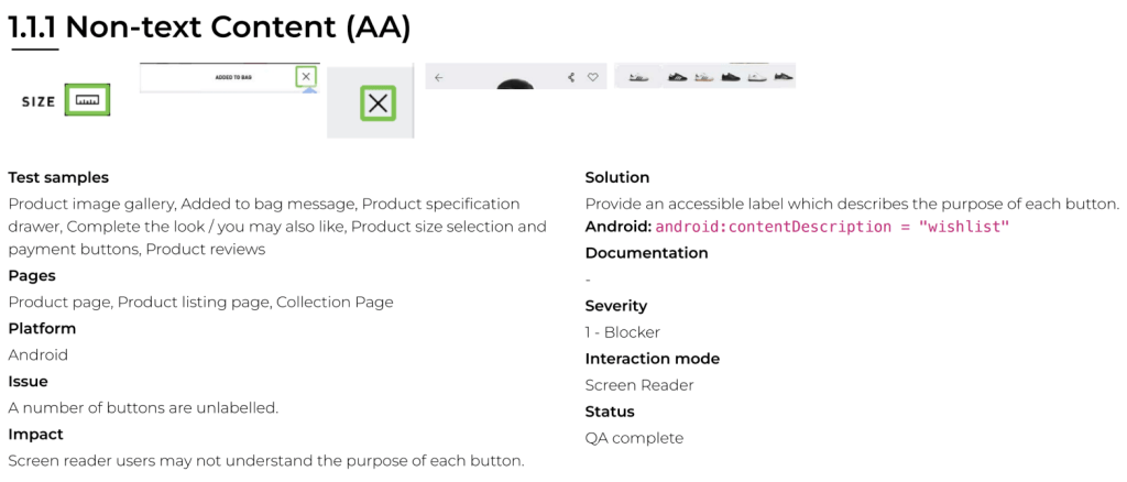 Screenshot of a webpage section discussing accessibility for non-text content, featuring test samples, issues with unlabeled buttons, and recommendations for improving screen reader compatibility.