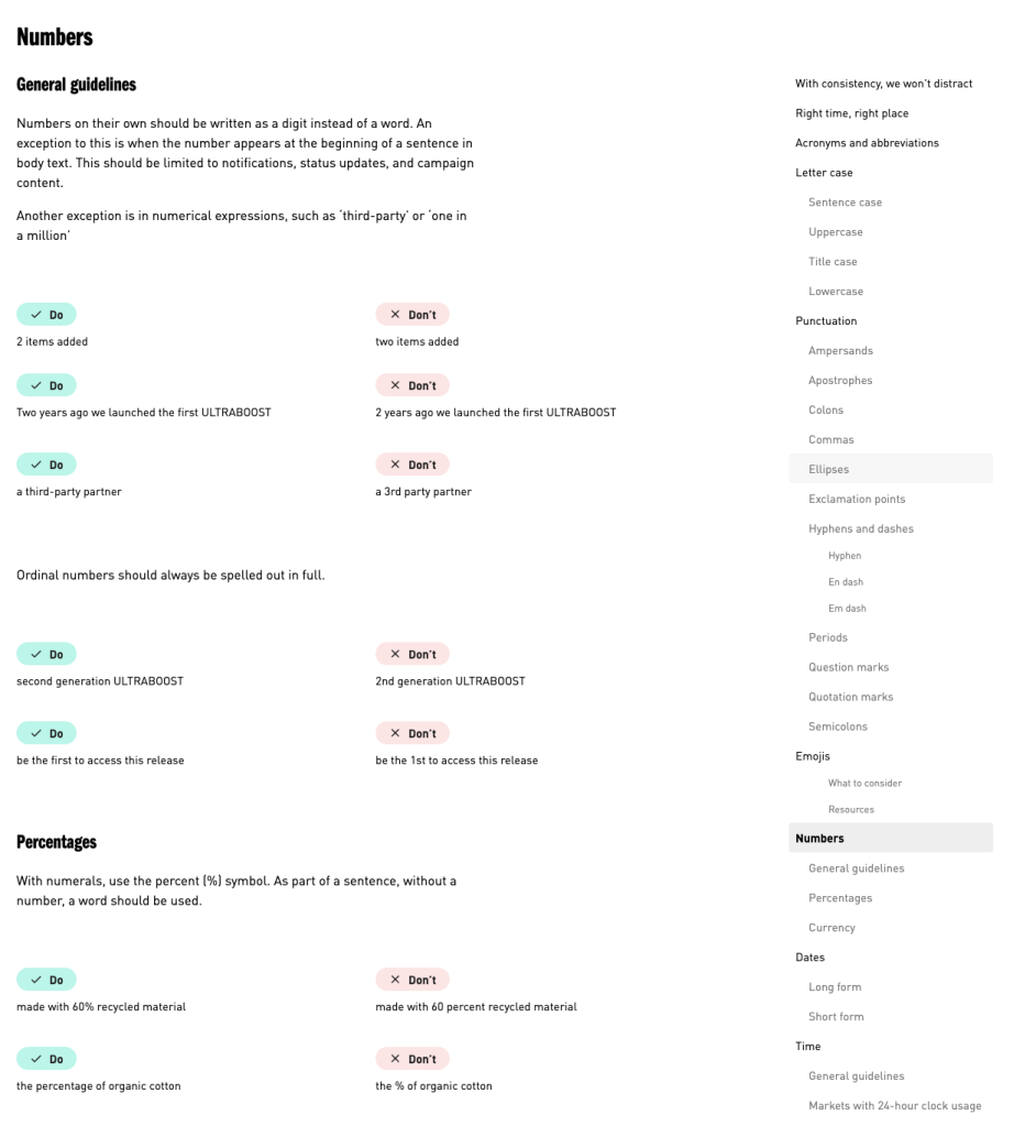Sample of content guidelines for numbers, including general guidelines, do's and don'ts, and percentages.
