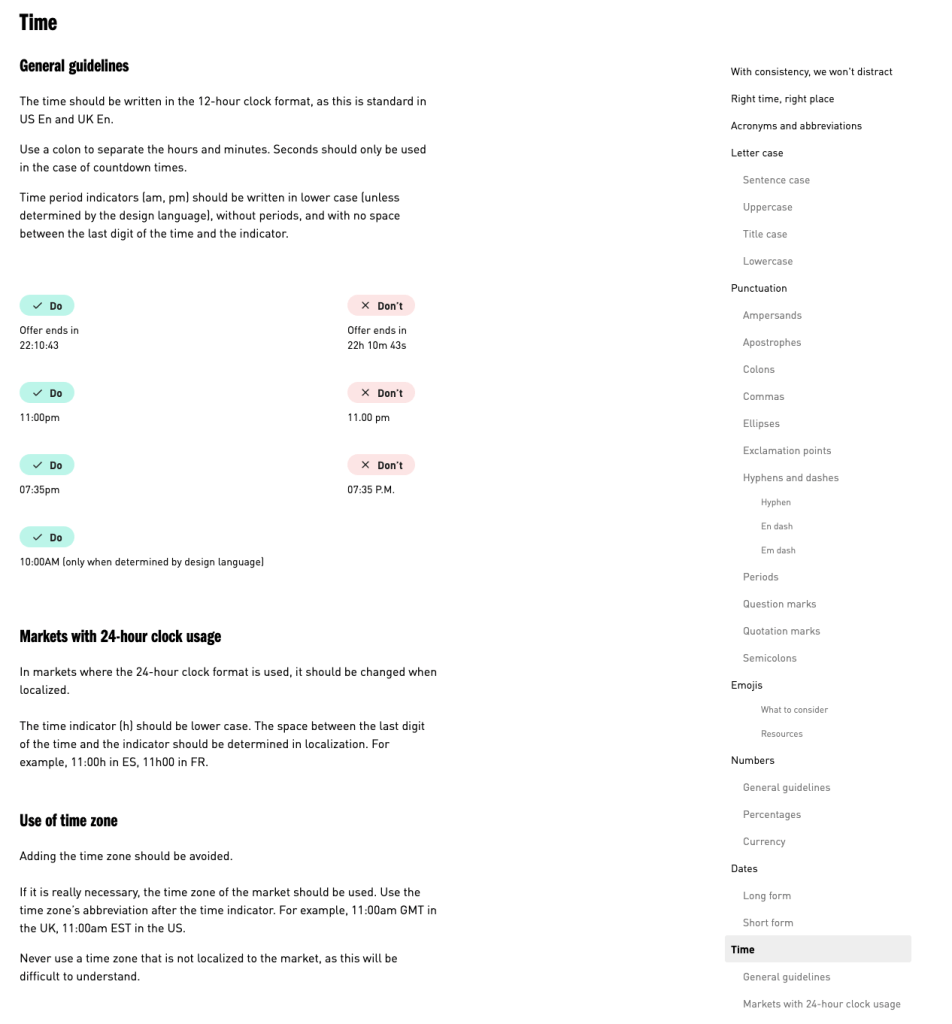 Sample of content guidelines for time, including general guidelines, do's and don'ts, markets with 24-hour usage, and the use of time zones.