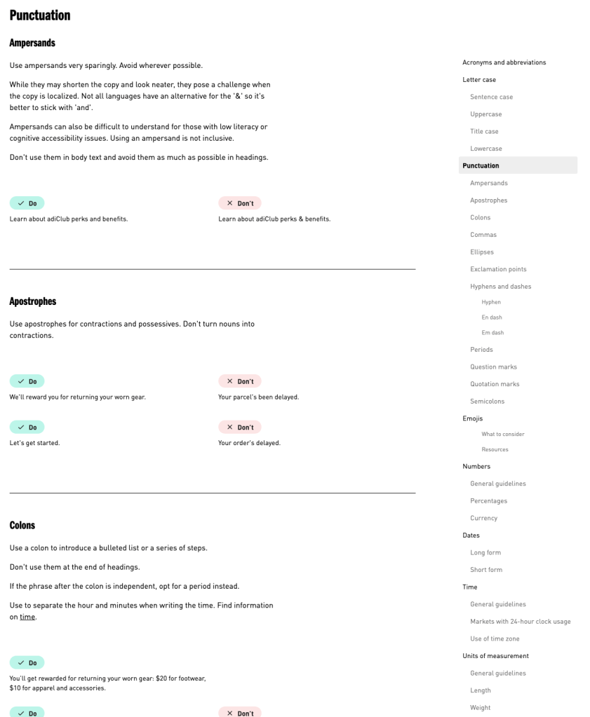 Sample of content guidelines for punctuation, including ampersands, apostrophes, and colons.