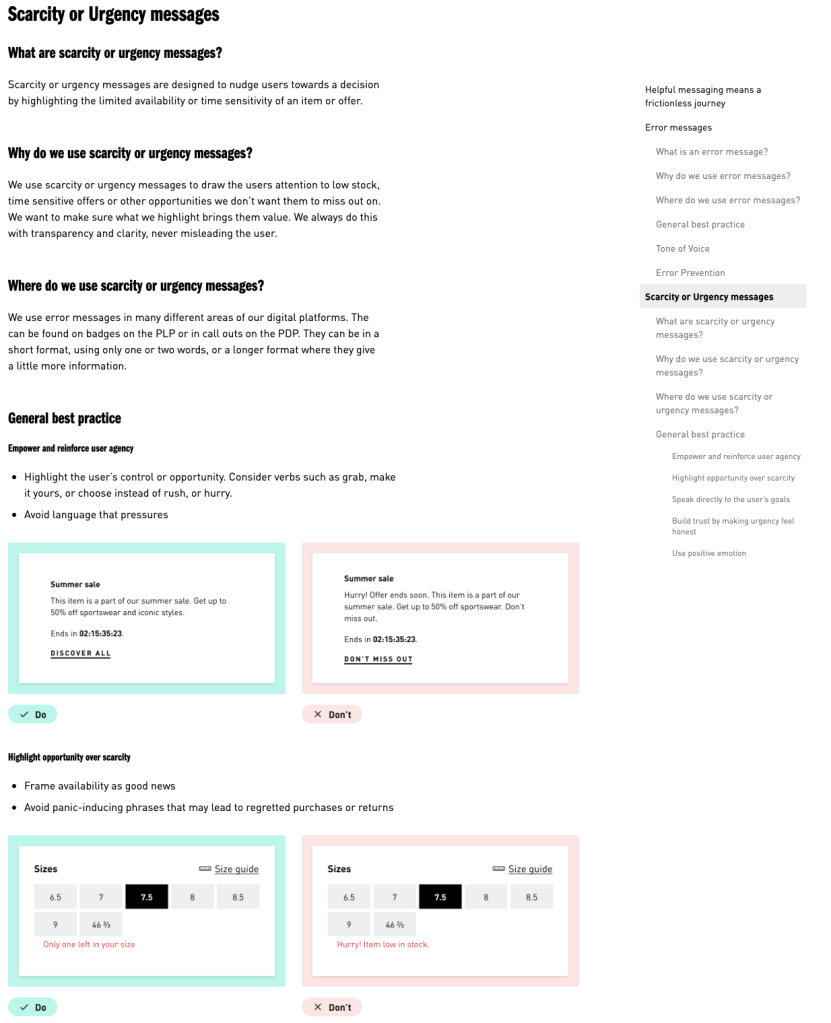 Sample of content guidelines for scarcity and urgency messaging, including what they are, why we use them, where we use them, and examples of best practice.