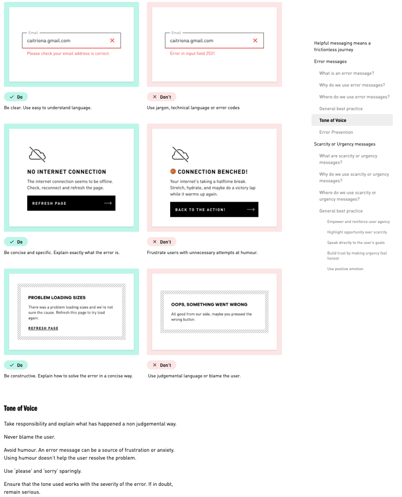 Sample of content guidelines examples for error messages and the tone of voice for error messages.